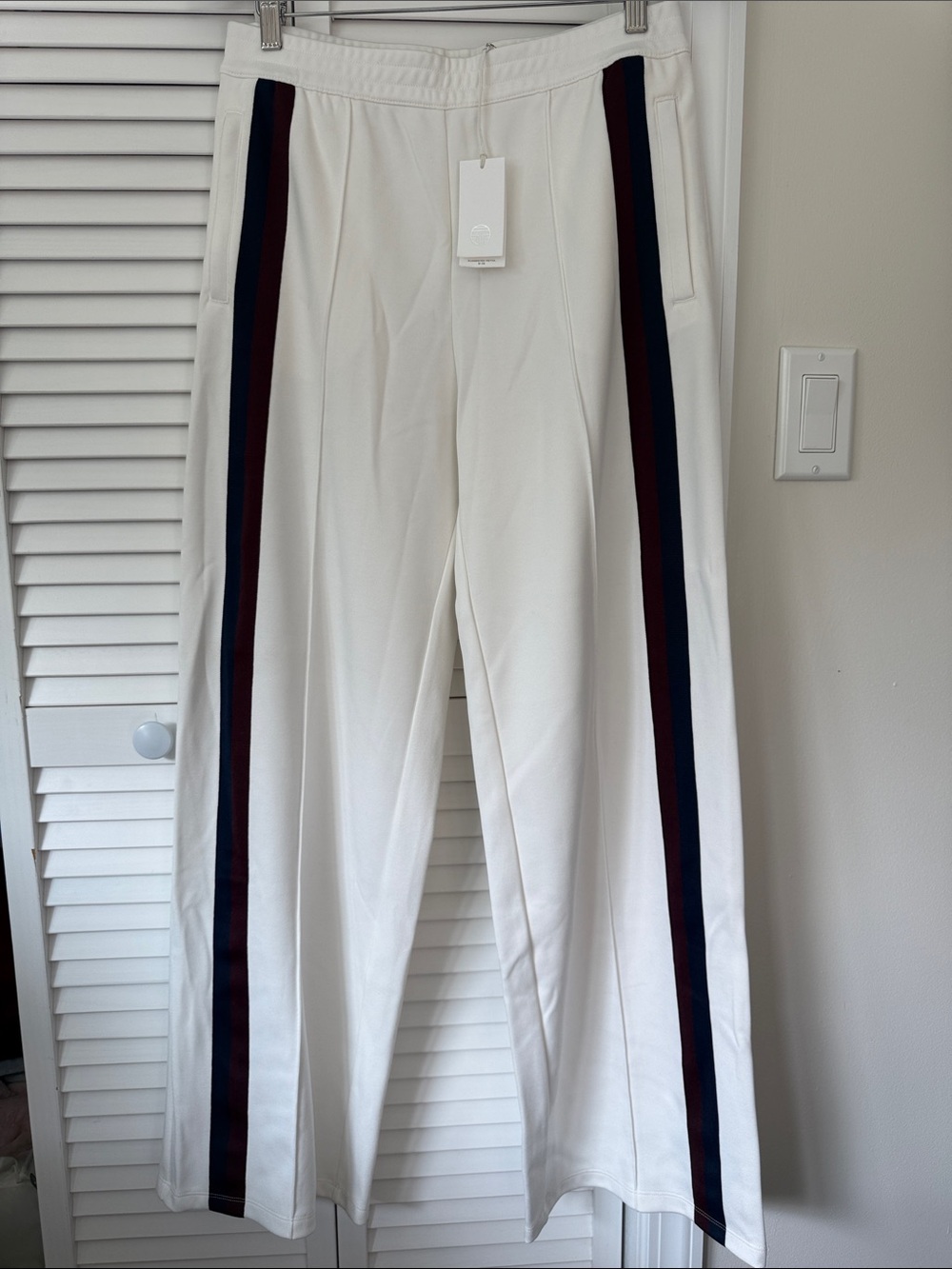 Tory Burch White Wide-Leg Pants with Navy and Burgundy Side Stripes